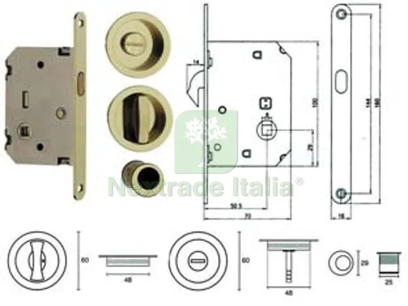 Kit Serratura per Porte Scorrevoli B. Tondo Oro Lucido - mm.50 frontale con incontro oro luc. (E0262N51) — Serrature e cilindri — rif. FERX.FER399722 Kit Serratura per Porte Scorrevoli B. Tondo Oro Lucido - mm.50 frontale con incontro oro luc. (E0262N51) — Serrature e cilindri — rif. FERX.FER399722
