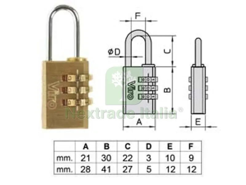 3PZ Lucchetti AD Arco a Combinazione con 3 Dischi 406 - mm.21, arco mm.22x9 ? mm.3 (40600207) — Lucchetti e catene — rif. FERX.FER410915