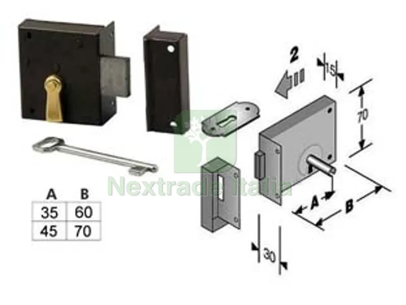 2PZ Serratura da Applicare per Cantine 188 - entrata mm.45 lunghezza mm.70 DX — Serrature e cilindri — rif. FERX.FER413695