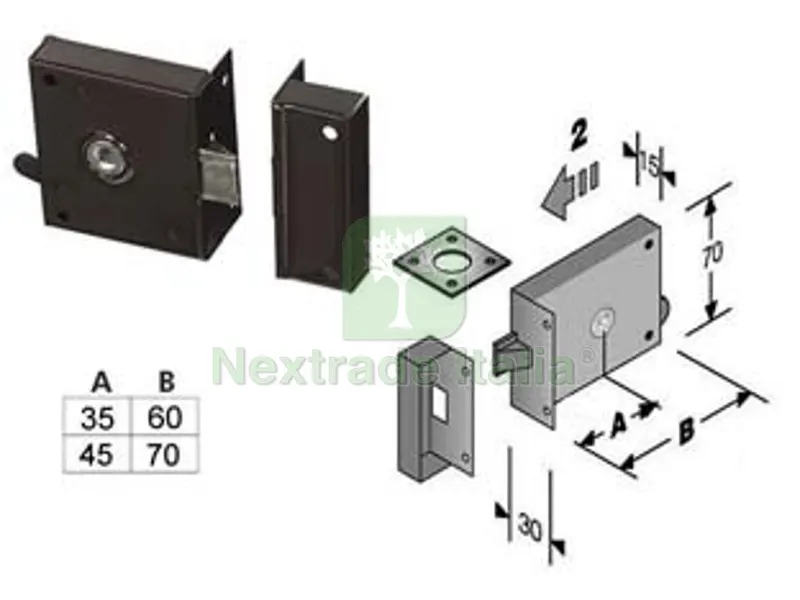 2PZ Serratura da Applicare per Cantine Solo Scrocco 189 - entrata mm.45 lunghezza mm.70 DX — Serrature e cilindri — rif. FERX.FER413718 2PZ Serratura da Applicare per Cantine Solo Scrocco 189 - entrata mm.45 lunghezza mm.70 DX — Serrature e cilindri — rif. FERX.FER413718