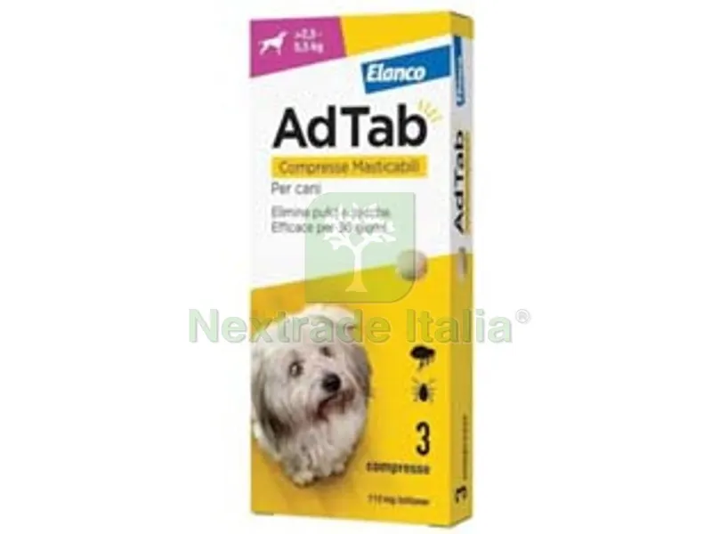 Adtab Compresse Masticabili per Cani KG.2,5-5,5 - 3 compresse da mg.112,5 di lotilaner — Cani — rif. FERX.FER473699 Adtab Compresse Masticabili per Cani KG.2,5-5,5 - 3 compresse da mg.112,5 di lotilaner — Cani — rif. FERX.FER473699