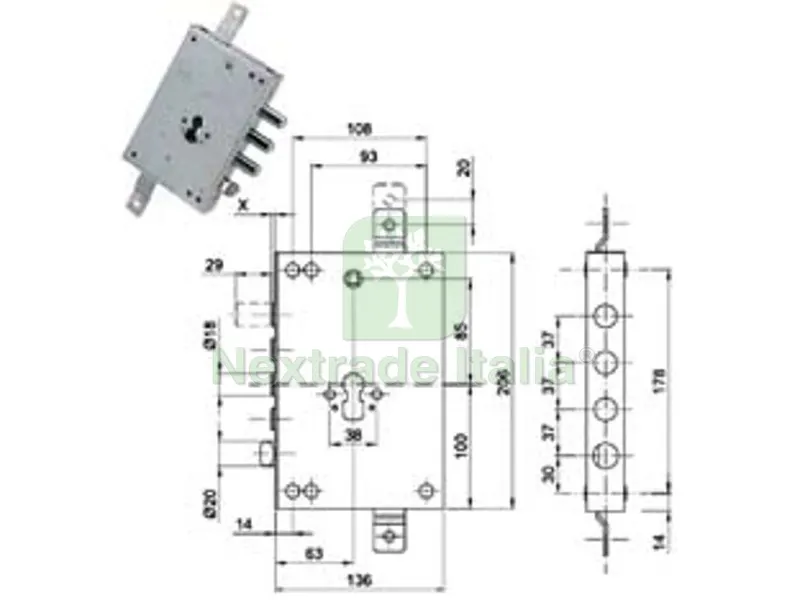 Serratura Triplice Applicare con Scrocco CIL. EUR. Blindate 50137 - mm.63, interasse catenacci mm.37 — Serrature e cilindri — rif. FERX.FER475167 Serratura Triplice Applicare con Scrocco CIL. EUR. Blindate 50137 - mm.63, interasse catenacci mm.37 — Serrature e cilindri — rif. FERX.FER475167