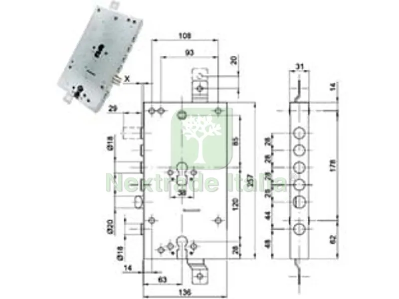 Serratura Triplice Applicare Scrocco Doppio CIL. EU. Blindate 50228 - mm.63, interasse catenacci mm.28 — Serrature e cilindri — rif. FERX.FER475174 Serratura Triplice Applicare Scrocco Doppio CIL. EU. Blindate 50228 - mm.63, interasse catenacci mm.28 — Serrature e cilindri — rif. FERX.FER475174