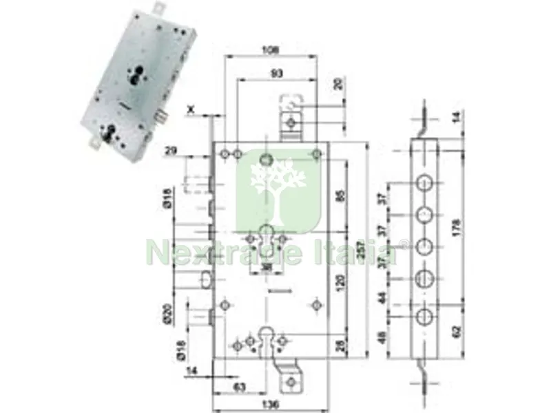 Serratura Triplice Applicare Scrocco Doppio CIL.EU. Blindate 50237 - mm.63, interasse catenacci mm.37 — Serrature e cilindri — rif. FERX.FER475181