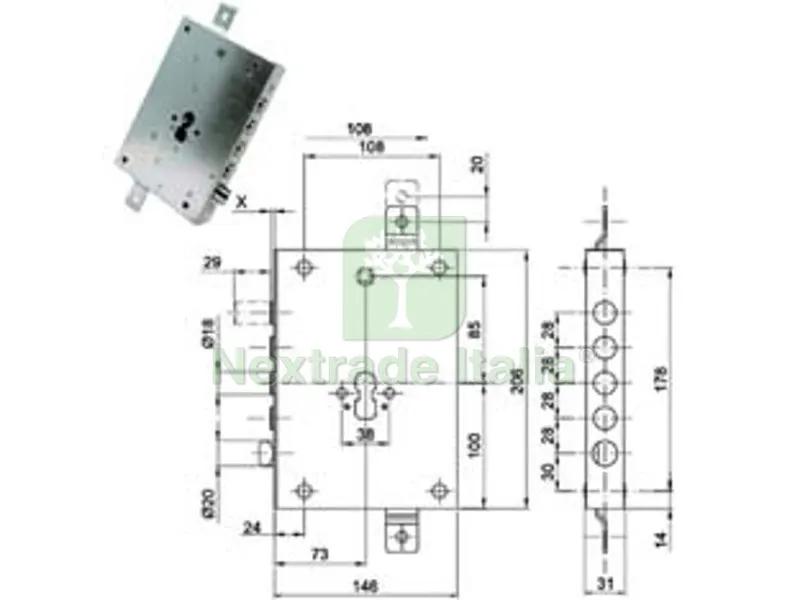 Serratura Triplice Applicare con Scrocco CIL. EUR. Blindate 70128 - mm.73, interasse catenacci mm.28 — Serrature e cilindri — rif. FERX.FER475198 Serratura Triplice Applicare con Scrocco CIL. EUR. Blindate 70128 - mm.73, interasse catenacci mm.28 — Serrature e cilindri — rif. FERX.FER475198