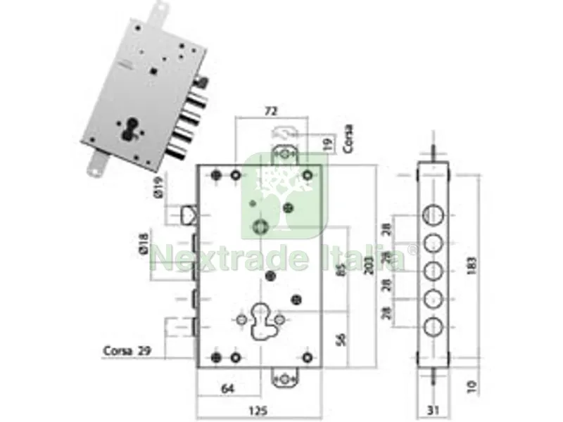 Serratura Triplice Applicare con Scrocco CIL. EUR. Blindate CS128 - mm.64, interasse catenacci mm.28 — Serrature e cilindri — rif. FERX.FER475242 Serratura Triplice Applicare con Scrocco CIL. EUR. Blindate CS128 - mm.64, interasse catenacci mm.28 — Serrature e cilindri — rif. FERX.FER475242