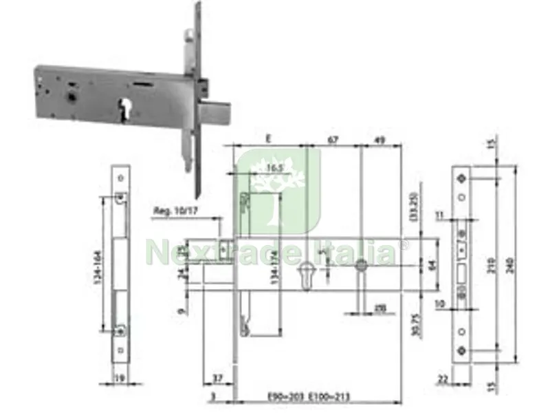 Serratura da Infilare Triplice con CIL. Europeo per Fasce MM.64 H 96312 - mm.90 (963120902) — Serrature e cilindri — rif. FERX.FER476324