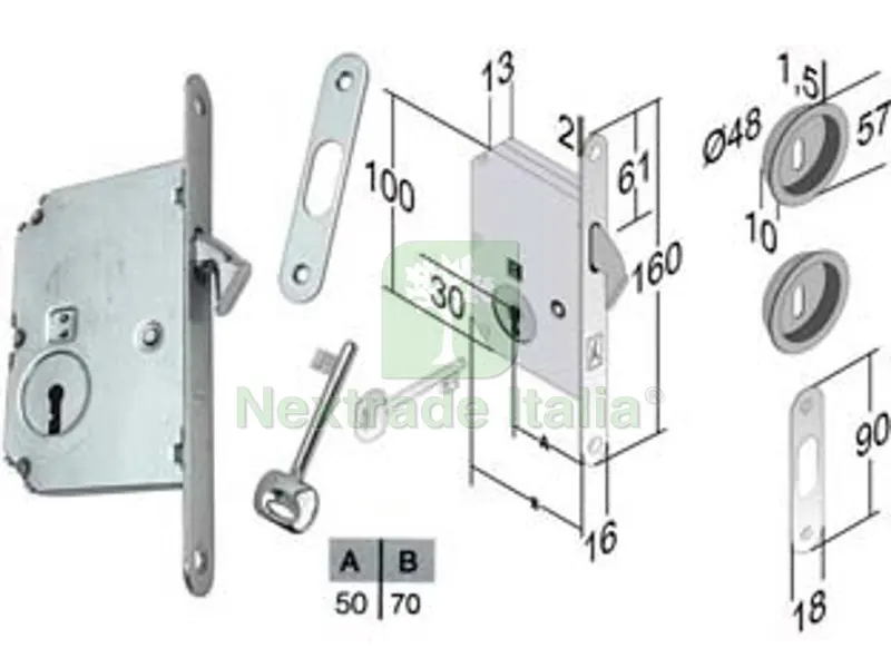 Serratura Porte Scorrevoli a Gancio Chiave Patent B. Tondo CR. SAT. - mm.50 frontale e incontro cromo satinato — Chiavi e ricambi auto — rif. FERX.FER479875 Serratura Porte Scorrevoli a Gancio Chiave Patent B. Tondo CR. SAT. - mm.50 frontale e incontro cromo satinato — Chiavi e ricambi auto — rif. FERX.FER479875