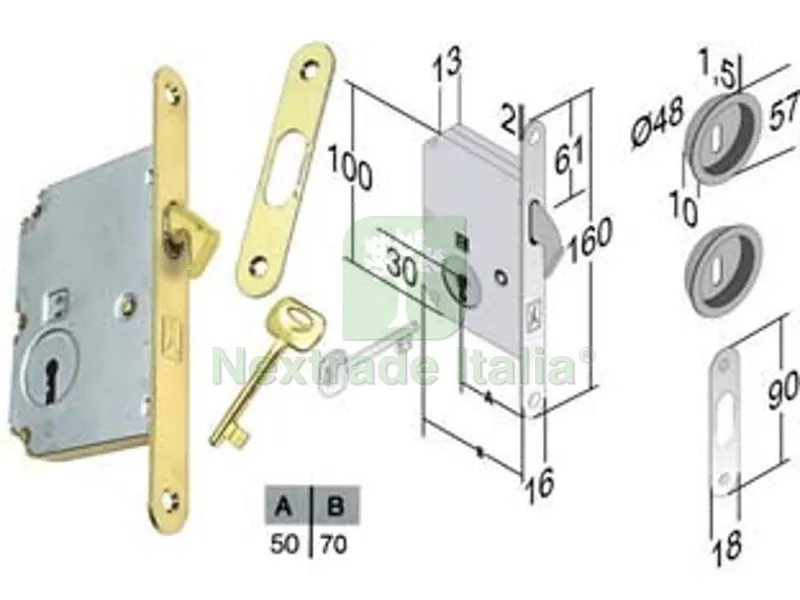 Serratura Porte Scorrevoli a Gancio Chiave Patent B. Tondo CR. LUC. - mm.50 frontale e incontro cromo lucido — Chiavi e ricambi auto — rif. FERX.FER479882 Serratura Porte Scorrevoli a Gancio Chiave Patent B. Tondo CR. LUC. - mm.50 frontale e incontro cromo lucido — Chiavi e ricambi auto — rif. FERX.FER479882