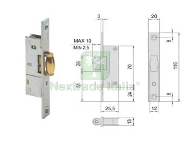 Serratura da Infilare per Montanti Solo Rullo 44238 - mm.15 (44238150) — Serrature e cilindri — rif. FERX.FER484008