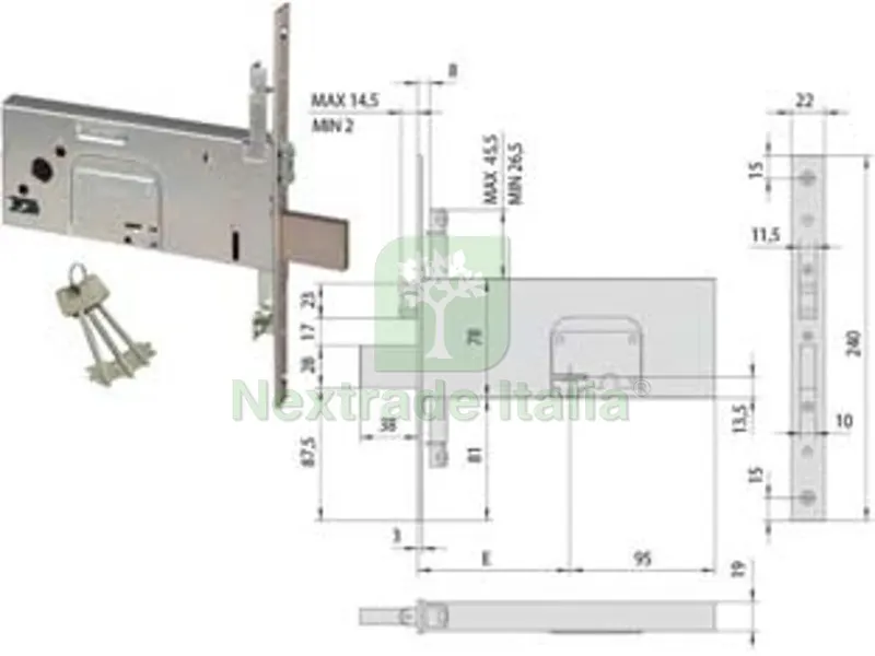Serratura Triplice Infilare P/Fasce Doppia Mappa Rullo MM.78 H 57365 — Chiavi grezze e duplicati — rif. FERX.FER484701