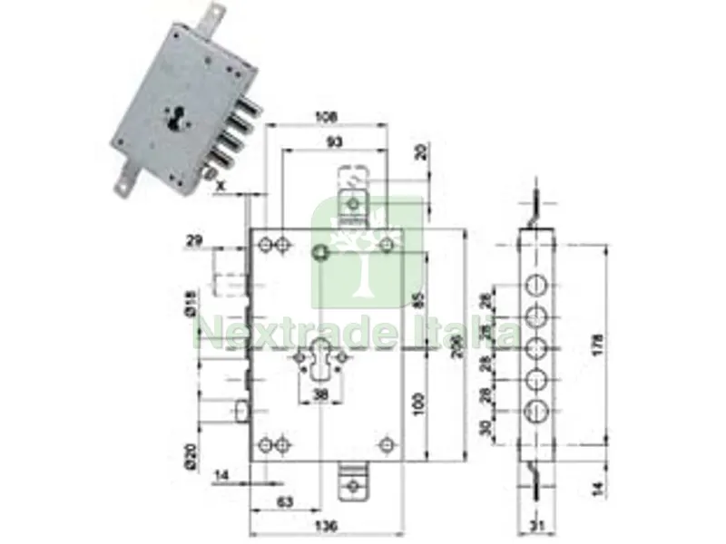 Serratura TRIP.APPLICARE con Scrocco Regolabile CIL. EUR. Blindate 50128 - mm.63, interasse catenacci mm.28 — Serrature e cilindri — rif. FERX.FER491556