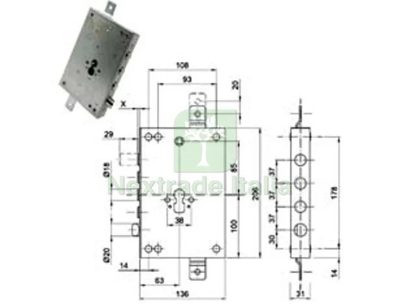 Serratura TRIP.APPLICARE con Scrocco Regolabile CIL. EUR. Blindate 50137 - mm.63, interasse catenacci mm.37 — Serrature e cilindri — rif. FERX.FER491563