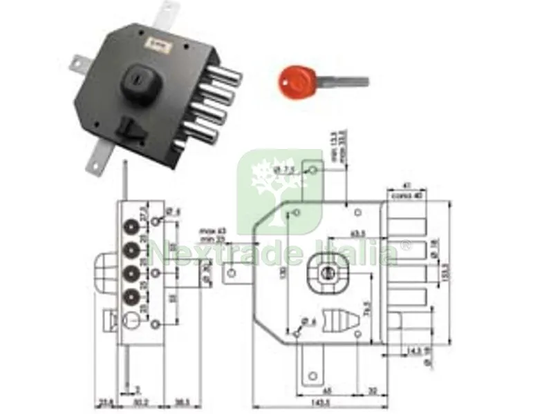 SERRATURA QUINTUPLICE DA APPLICARE CON SCROCCO A POMPA JM436 mm.63 SX — Serrature e cilindri — rif. FERX.FER17107 SERRATURA QUINTUPLICE DA APPLICARE CON SCROCCO A POMPA JM436 mm.63 SX — Serrature e cilindri — rif. FERX.FER17107