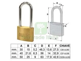 6PZ LUCCHETTO OTTONE ARCO LUNGO - mm.50 — Lucchetti e catene — rif. FERX.FER52832 6PZ LUCCHETTO OTTONE ARCO LUNGO - mm.50 — Lucchetti e catene — rif. FERX.FER52832