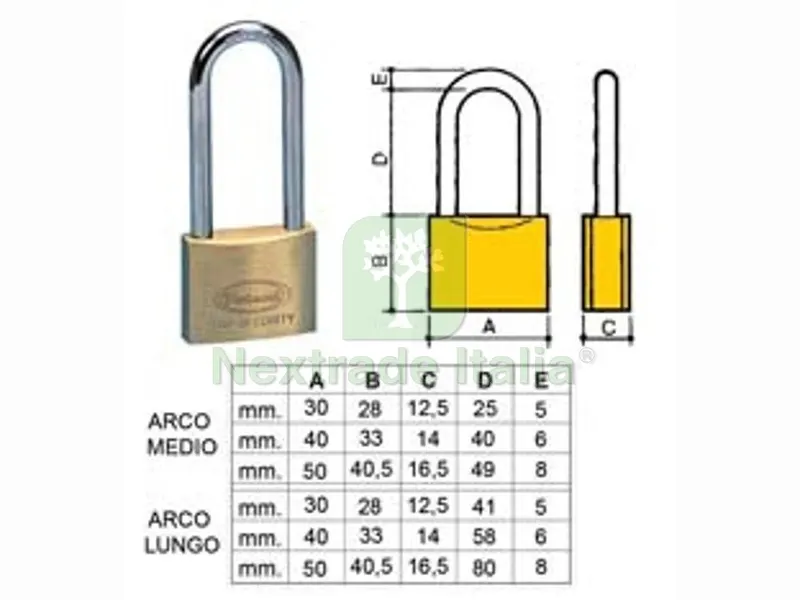 6PZ LUCCHETTO OTTONE ARCO LUNGO 2700 - mm.50 arco lungo (2790) — Lucchetti e catene — rif. FERX.FER380584 6PZ LUCCHETTO OTTONE ARCO LUNGO 2700 - mm.50 arco lungo (2790) — Lucchetti e catene — rif. FERX.FER380584