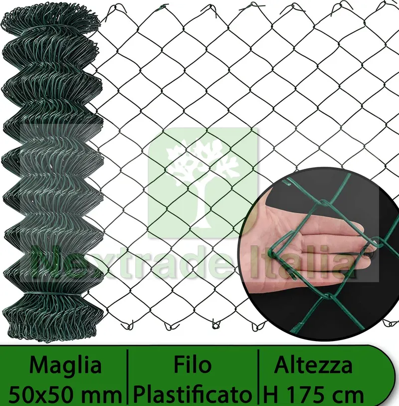 2RT Rete per Recinzione Plastificata | Altezza H 175 CM | Maglia Sciolta 50X50 MM | Filo Ø 2,3 MM | Lughezza Rotolo da 25 MT per Recinzione Verde — Reti e recinzioni — rif. FERX.MI.19