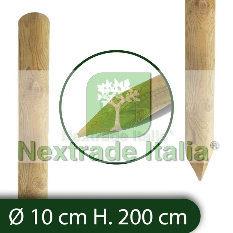 10PZ Pali Tondi in Legno con Punta Impregnati per Recinzione Ø 10X200 CM — Reti e recinzioni — rif. FERX.RETI.23
