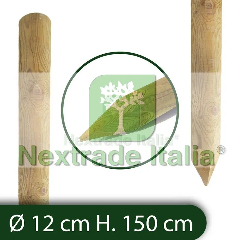10PZ Pali Tondi in Legno con Punta Impregnati per Recinzione Ø 12X150 CM — Reti e recinzioni — rif. FERX.RETI.71