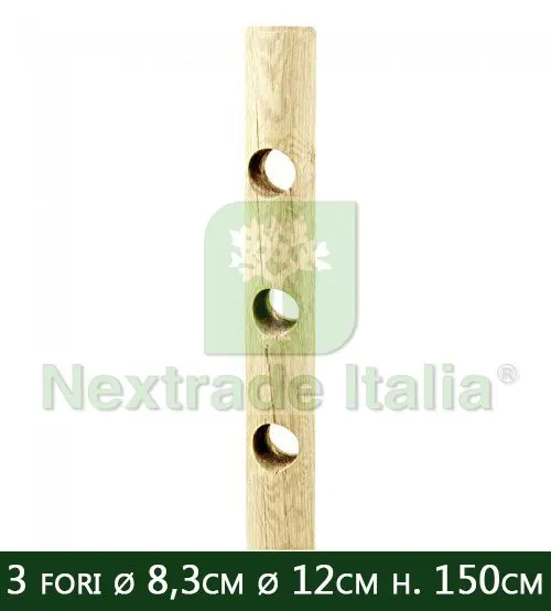 5PZ Pali in legno Ø CM 12x150 H Ø 3 fori passanti Ø 8,3 CM | CON PUNTA per recinzione trattati impregnati per staccionata e steccato Palo Tondo forato — Pali e paletti — rif. FERX.RETI.63.4
