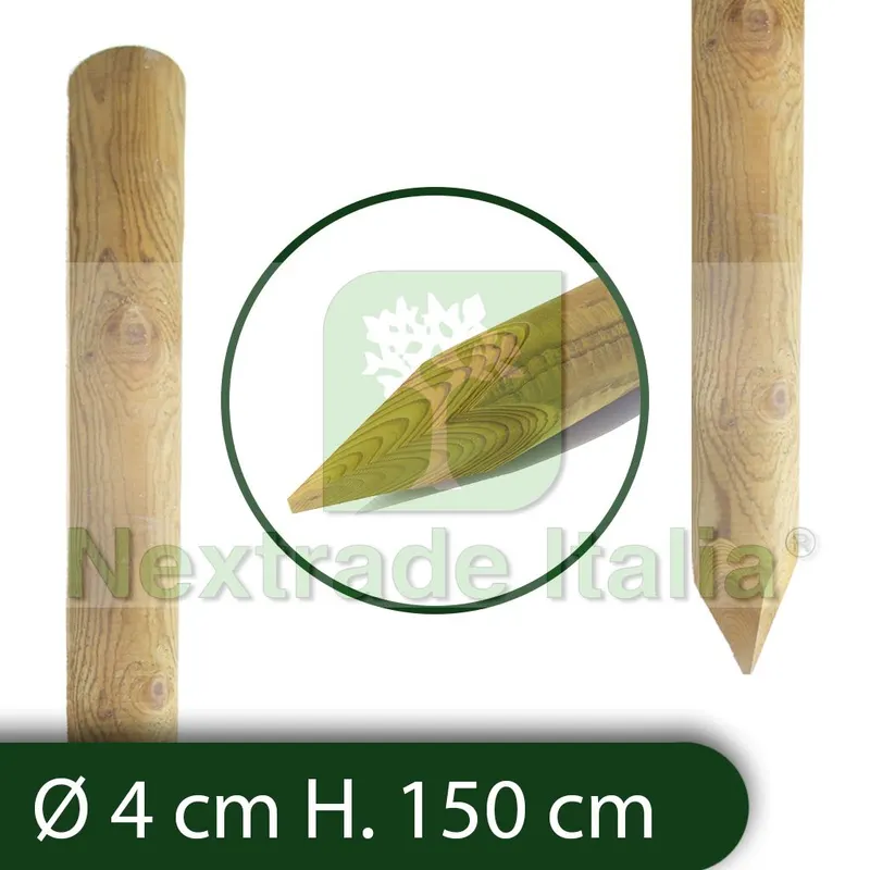 10PZ Pali in legno Ø CM 4 altezza CM 150 H tondi CON PUNTA trattati impregnati per recinzione /staccionata/steccato Palo Tondo — Pali e paletti — rif. FERX.RETI.1.1.STOCK