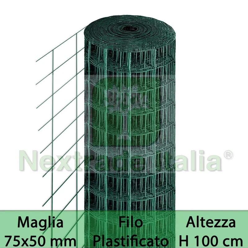 Rete per Recinzione Plastificata | Altezza H 100 CM | Maglia Elettrosaldata 75X50 MM | Filo Ø 2,3 MM | Lughezza Rotolo da 25 MT per Recinzione Verde — Reti e recinzioni — rif. FERX.MI.6 Rete per Recinzione Plastificata | Altezza H 100 CM | Maglia Elettrosaldata 75X50 MM | Filo Ø 2,3 MM | Lughezza Rotolo da 25 MT per Recinzione Verde — Reti e recinzioni — rif. FERX.MI.6