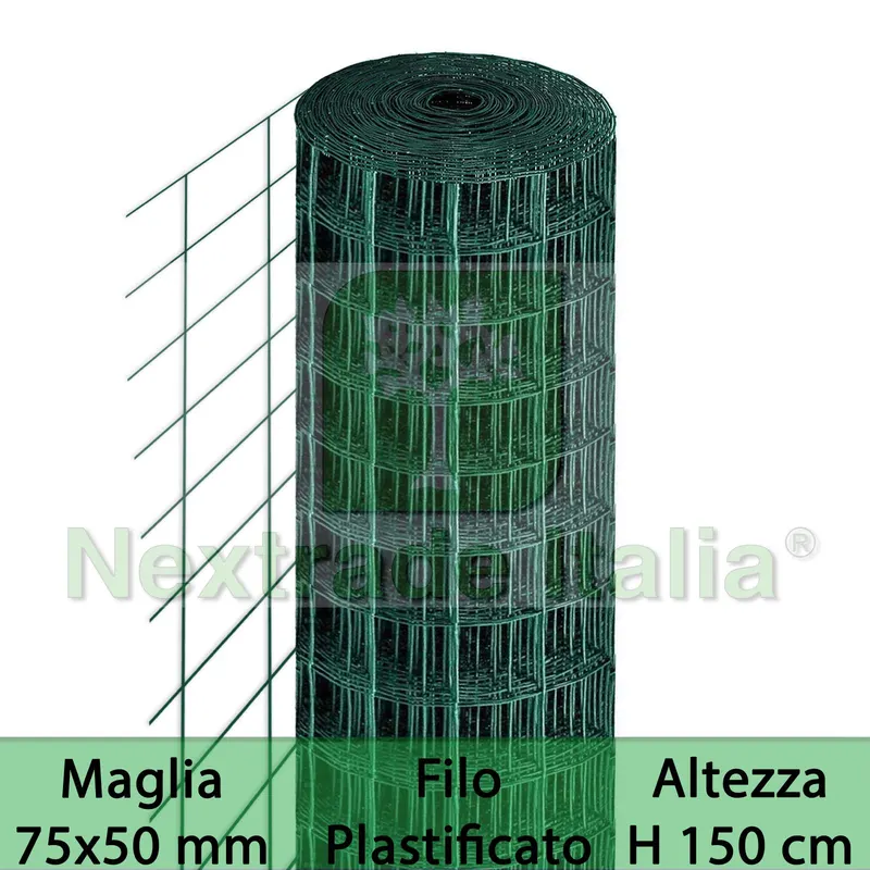 Rete per Recinzione Plastificata | Altezza H 150 CM | Maglia Elettrosaldata 75X50 MM | Filo Ø 2,3 MM | Lughezza Rotolo da 25 MT per Recinzione Verde — Reti e recinzioni — rif. FERX.MI.8 Rete per Recinzione Plastificata | Altezza H 150 CM | Maglia Elettrosaldata 75X50 MM | Filo Ø 2,3 MM | Lughezza Rotolo da 25 MT per Recinzione Verde — Reti e recinzioni — rif. FERX.MI.8