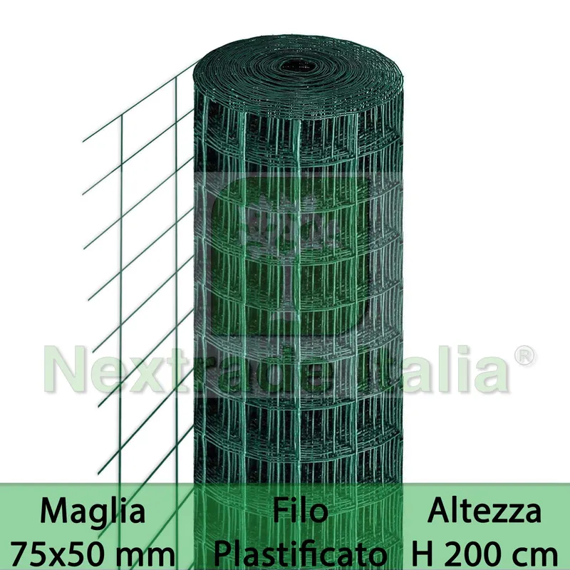 Rete per Recinzione Plastificata | Altezza H 200 CM | Maglia Elettrosaldata 75X50 MM | Filo Ø 2,3 MM | Lughezza Rotolo da 25 MT per Recinzione Verde — Reti e recinzioni — rif. FERX.MI.10 Rete per Recinzione Plastificata | Altezza H 200 CM | Maglia Elettrosaldata 75X50 MM | Filo Ø 2,3 MM | Lughezza Rotolo da 25 MT per Recinzione Verde — Reti e recinzioni — rif. FERX.MI.10