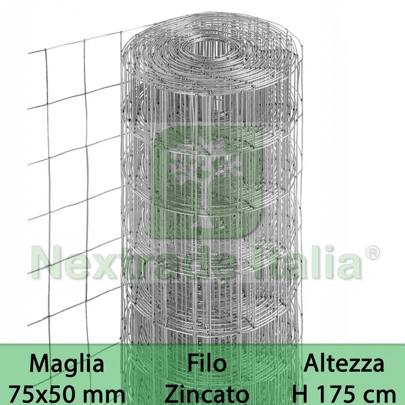 Rete per Recinzione Zincata | Altezza H 175 CM | Maglia Elettrosaldata 75X50 MM | Filo Ø 1,7 MM | Lughezza Rotolo da 25 MT per Recinzione Grigio — Reti e recinzioni — rif. FERX.MI.4