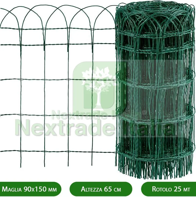 Rete per Recinzione Ornamentale Plastificata | Altezza H 65 CM | Maglia Intrecciata 90X150 MM | Filo Ø 2,8 MM | Lughezza Rotolo da 25 MT Verde — Reti e recinzioni — rif. FERX.MI.158