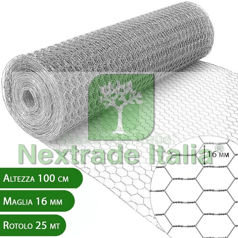 2RT 25 MT Rete per Polli | Altezza H 100 CM | Maglia Esagonale 16 MM | Filo Ø 0,7 MM | Zincata 16/2 Tripla Torsione per Pollame, Voliere, Conigliere, Galline — Reti e recinzioni — rif. FERX.MI.125