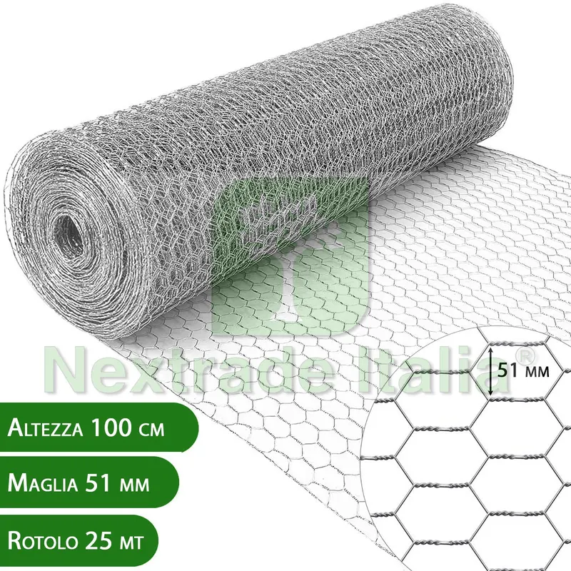 2RT 25 MT Rete per Polli | Altezza H 100 CM | Maglia Esagonale 51 MM | Filo Ø 1,1 MM | Zincata 51/6 Tripla Torsione per Pollame, Voliere, Conigliere, Galline — Reti e recinzioni — rif. FERX.MI.133 2RT 25 MT Rete per Polli | Altezza H 100 CM | Maglia Esagonale 51 MM | Filo Ø 1,1 MM | Zincata 51/6 Tripla Torsione per Pollame, Voliere, Conigliere, Galline — Reti e recinzioni — rif. FERX.MI.133