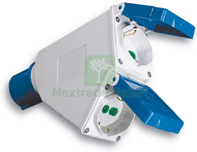 ADATTATORE INDUSTRIALE CEE 2P+T spina/2 prese schuko — Interruttori e prese — rif. FERX.VIT22746 ADATTATORE INDUSTRIALE CEE 2P+T spina/2 prese schuko — Interruttori e prese — rif. FERX.VIT22746
