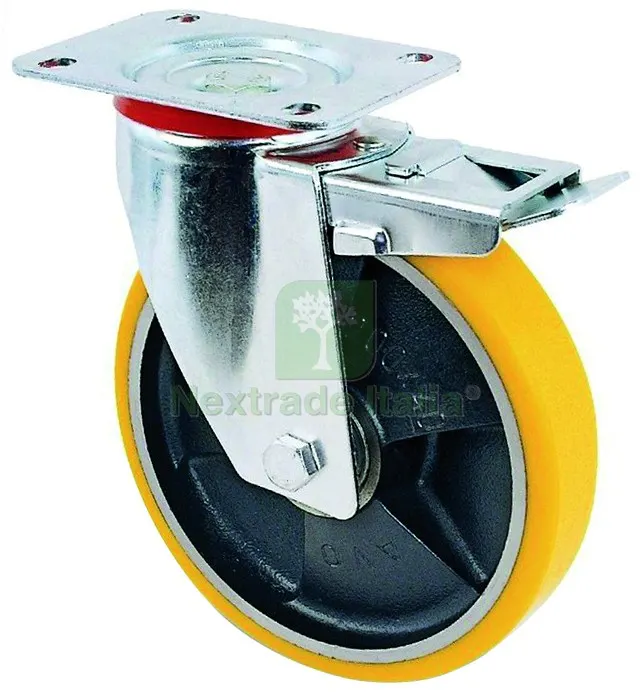 Ruota Girevole per Carrelli POLIURETANO+FRENO art.24 mm.150-piastra mm.100x — Ruote e rotelle — rif. FERX.VIT44714 Ruota Girevole per Carrelli POLIURETANO+FRENO art.24 mm.150-piastra mm.100x — Ruote e rotelle — rif. FERX.VIT44714