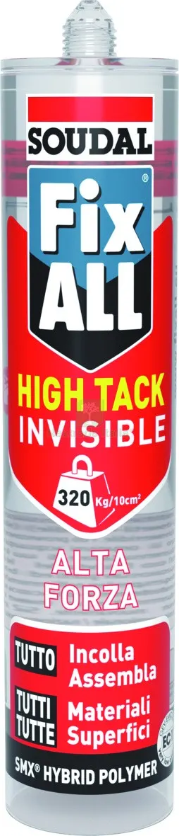 12PZ Soudal ADESIVO DI MONTAGGIO ''FIX ALL HIGH TACK INVISIBLE '' ml. 290 col. Trasparente — Adesivi e sigillanti — rif. FERX.VIT60301 12PZ Soudal ADESIVO DI MONTAGGIO ''FIX ALL HIGH TACK INVISIBLE '' ml. 290 col. Trasparente — Adesivi e sigillanti — rif. FERX.VIT60301