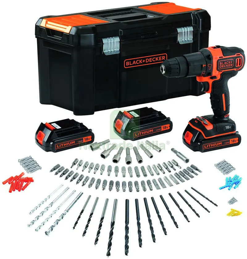 Black+Decker TRAPANO AVVITATORE A PERCUSSIONE BDCHD181B3A-QW 18V 3 batterie 1,5 Ah valig.+120 acc. — Trapani e avvitatori — rif. FERX.VIT57944 Black+Decker TRAPANO AVVITATORE A PERCUSSIONE BDCHD181B3A-QW 18V 3 batterie 1,5 Ah valig.+120 acc. — Trapani e avvitatori — rif. FERX.VIT57944