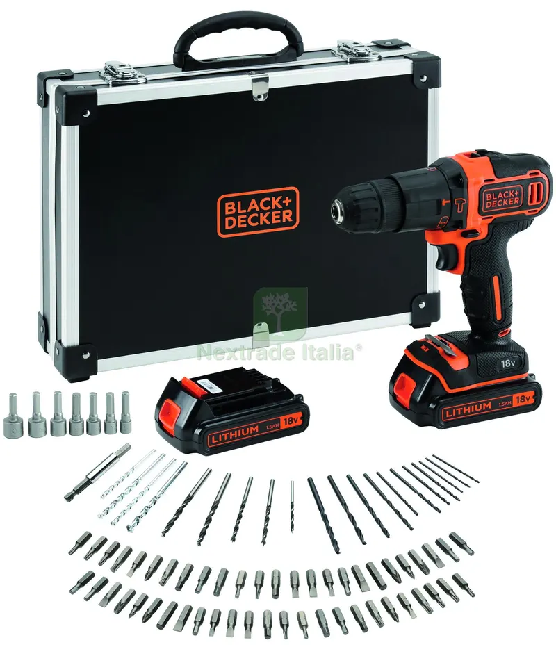 Black+Decker TRAPANO AVVITATORE A PERCUSSIONE BDCHD18BAFC-QW 18V 2 batterie 1,5 Ah + 80 accessori — Trapani e avvitatori — rif. FERX.VIT57895 Black+Decker TRAPANO AVVITATORE A PERCUSSIONE BDCHD18BAFC-QW 18V 2 batterie 1,5 Ah + 80 accessori — Trapani e avvitatori — rif. FERX.VIT57895
