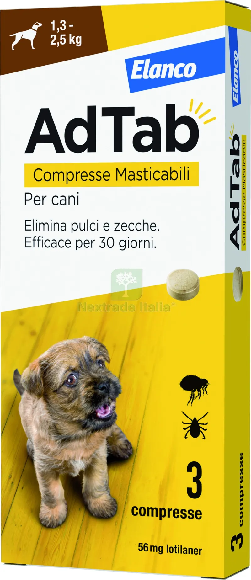 ANTIPARASSITARIO COMPRESSA MASTICABILE AdTab x cani 1,3÷2,5 kg. (cf. 3 compr. da 56,25 mg) — Protezione piante e sementi — rif. FERX.VIT56913 ANTIPARASSITARIO COMPRESSA MASTICABILE AdTab x cani 1,3÷2,5 kg. (cf. 3 compr. da 56,25 mg) — Protezione piante e sementi — rif. FERX.VIT56913