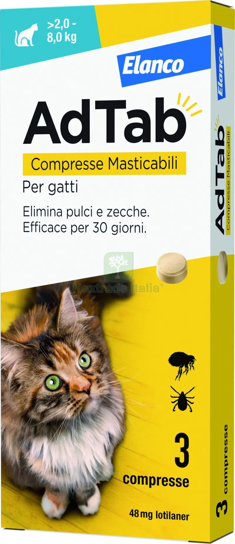 ANTIPARASSITARIO COMPRESSA MASTICABILE AdTab x gatti 2,0÷8,0 kg. (cf. 3 compr. da 48 mg) — Protezione piante e sementi — rif. FERX.VIT56919 ANTIPARASSITARIO COMPRESSA MASTICABILE AdTab x gatti 2,0÷8,0 kg. (cf. 3 compr. da 48 mg) — Protezione piante e sementi — rif. FERX.VIT56919