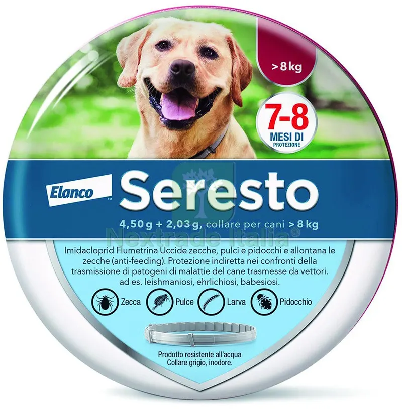 COLLARE ANTIPARASSITARIO SERESTO per cani oltre kg. 8 cm. 70 — Protezione piante e sementi — rif. FERX.VIT37045 COLLARE ANTIPARASSITARIO SERESTO per cani oltre kg. 8 cm. 70 — Protezione piante e sementi — rif. FERX.VIT37045