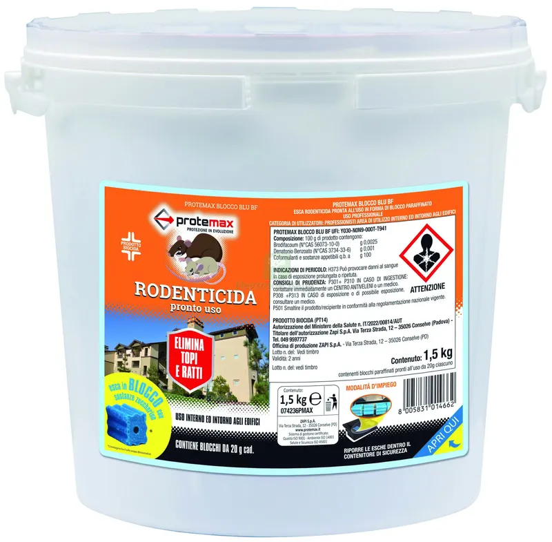 ESCA TOPICIDA BLOCCO PARAFFINATO BF in secchiello Kg. 1,5 — Disinfestazione e controllo nocivi — rif. FERX.VIT57990 ESCA TOPICIDA BLOCCO PARAFFINATO BF in secchiello Kg. 1,5 — Disinfestazione e controllo nocivi — rif. FERX.VIT57990
