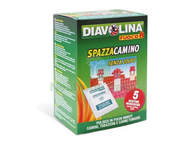 6PZ Diavolina SPAZZACAMINO 5 bustine x 50 gr. — Stufe e camini — rif. FERX.VIT49484 6PZ Diavolina SPAZZACAMINO 5 bustine x 50 gr. — Stufe e camini — rif. FERX.VIT49484