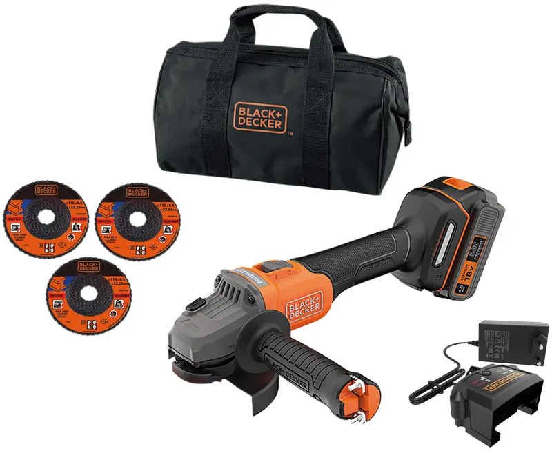 Black+Decker Smerigliatrice a Batteria BCG6L8F1S-QW Brushless 115 mm. 18V 1 batteria 4,0 Ah — Smerigliatrici e seghe — rif. FERX.VIT57833 Black+Decker Smerigliatrice a Batteria BCG6L8F1S-QW Brushless 115 mm. 18V 1 batteria 4,0 Ah — Smerigliatrici e seghe — rif. FERX.VIT57833