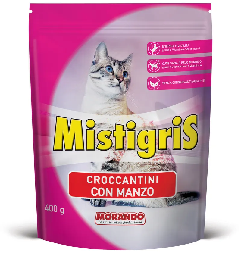 12PZ Morando CROCCANTINI PER GATTI ''MISTIGRIS'' gusto manzo - gr. 400 — Gatti — rif. FERX.VIT61225