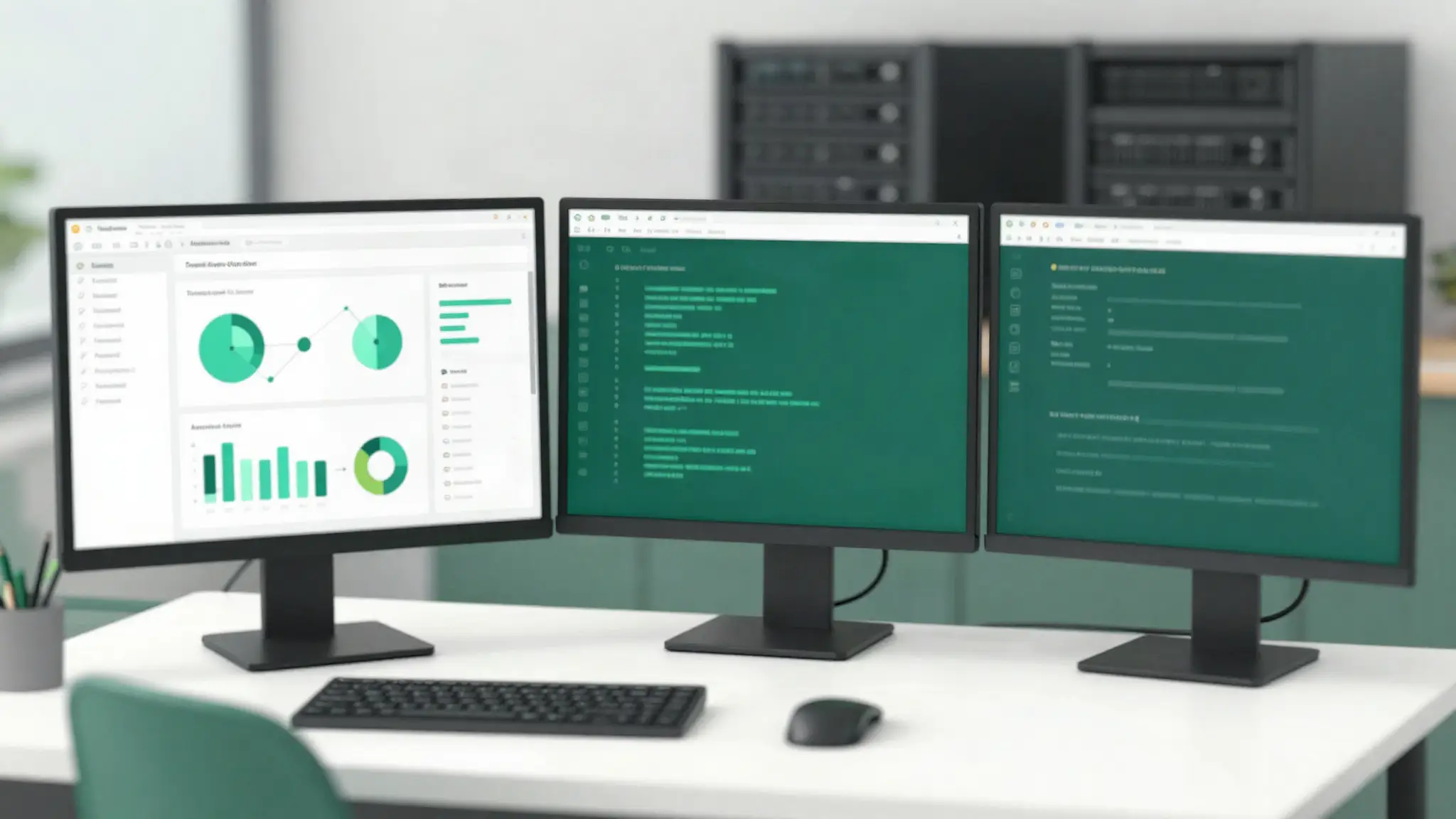 Tecnico di assistenza informatica al lavoro su postazione con monitor e server aziendale