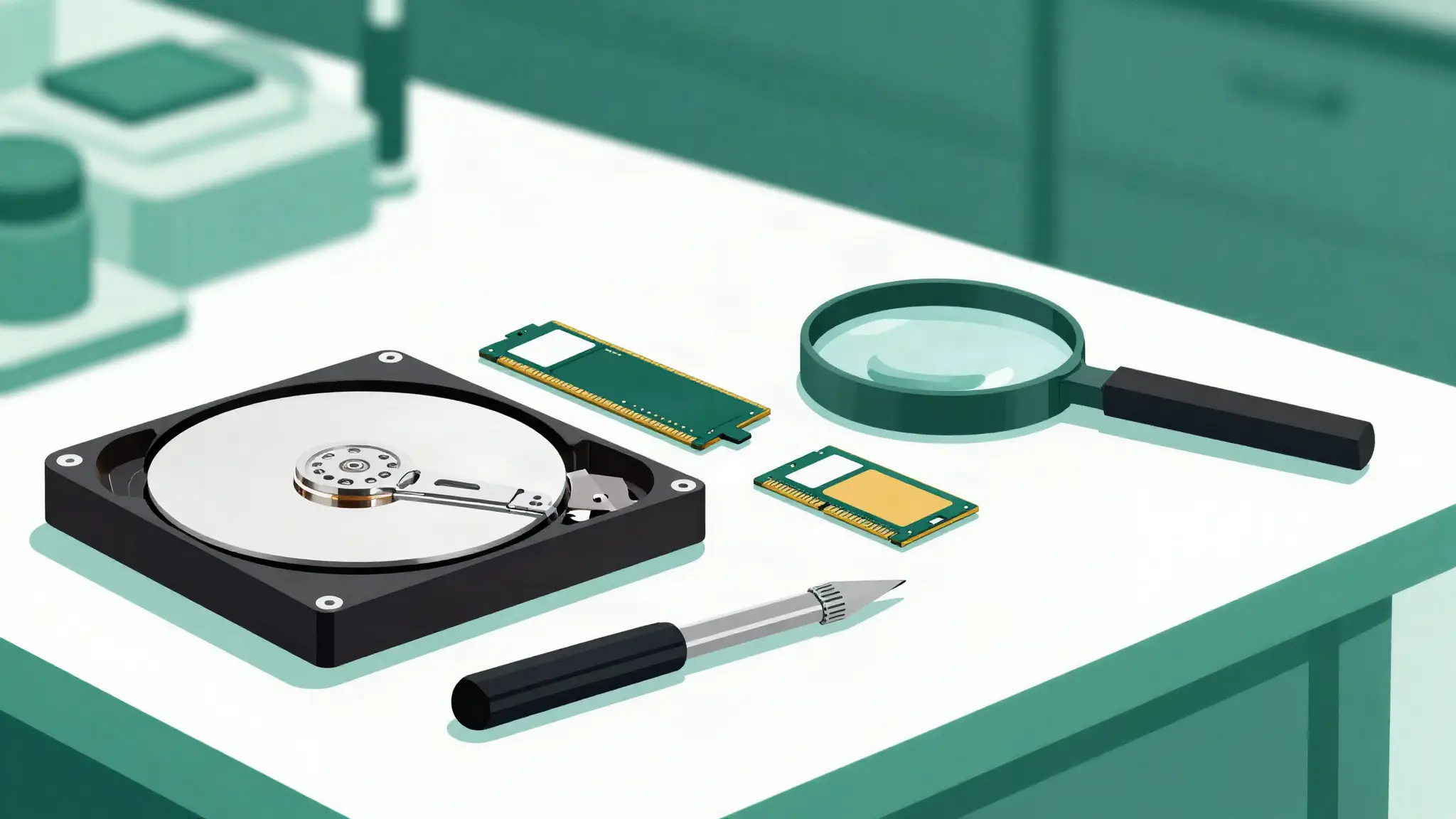 Recupero dati da hard disk aperto, SSD e memorie su banco di laboratorio